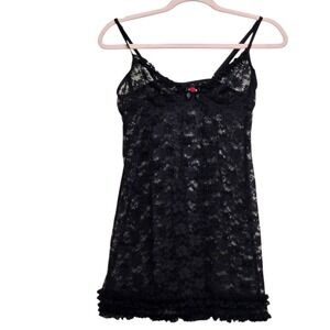 Apt. 9 Chemise Women M Black Babydoll Floral Lace Ruffle Rosette Lingerie Slip